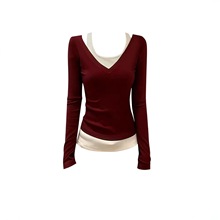 设计感V领假两件长袖t恤女秋冬挂脖撞色拼接修身显瘦内搭红色上衣