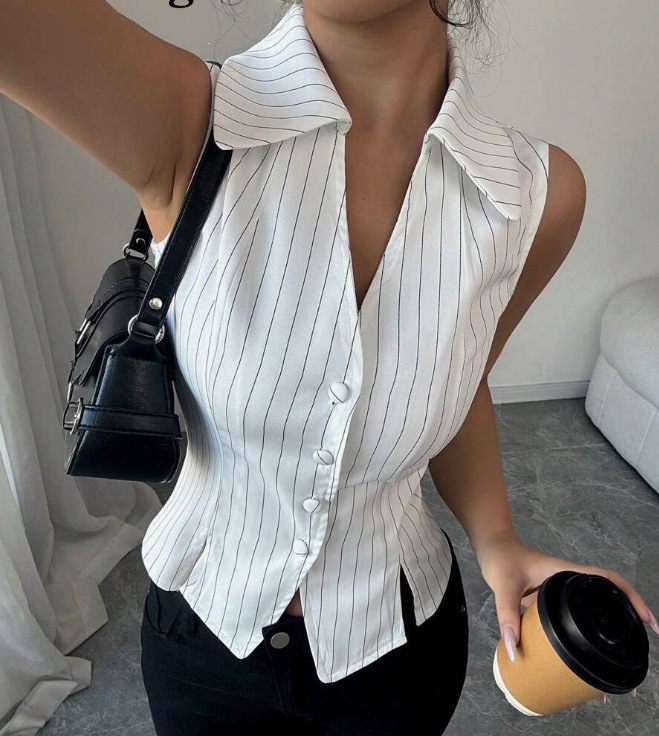 2025 European And American Elegant Fashion Slim Fit Striped Sleeveless Top Shirt_ecoleips.com