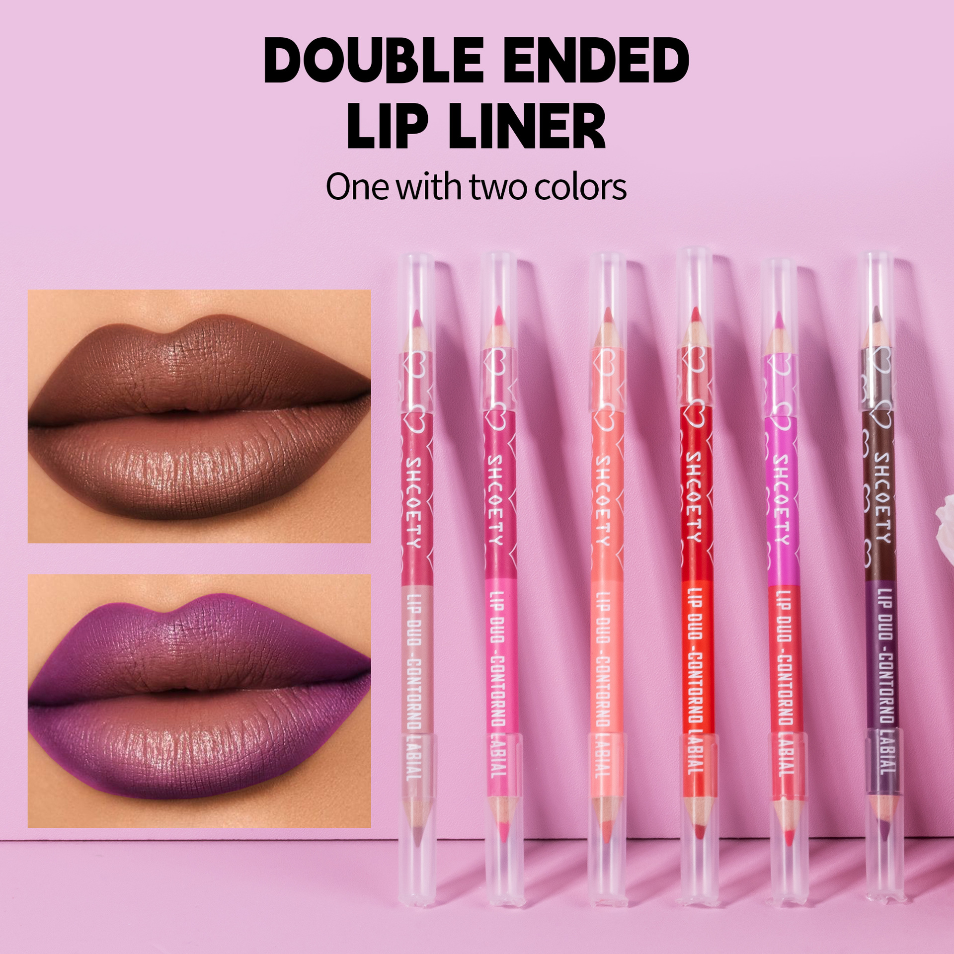 SHCOETY Cross-border double-headed dual-color wooden lip liner pen matte, long-lasting, easy to color, non-stick to cups, outlining pen makeup undefined