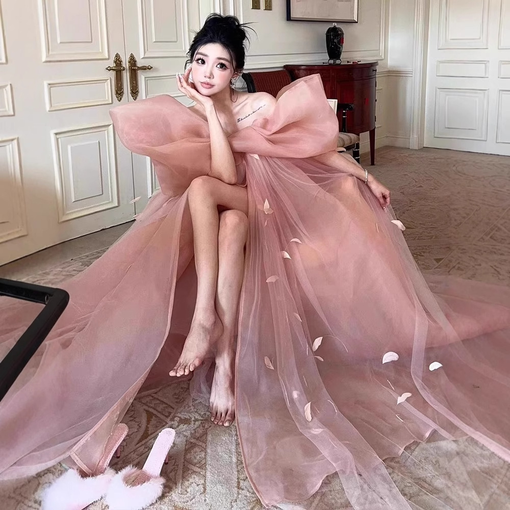 Pink Super Fairy Dressing Gown for Women with Bow, Bridal Engagement Dress, Toast Dress, One-Shoulder Birthday Sweet Dress