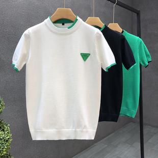 Trendy Brand White Knitted Short-sleeved Sweater Men's Trendy Handsome Warm Inner Half-sleeved Sweater T-shirt Men's Base Shirt