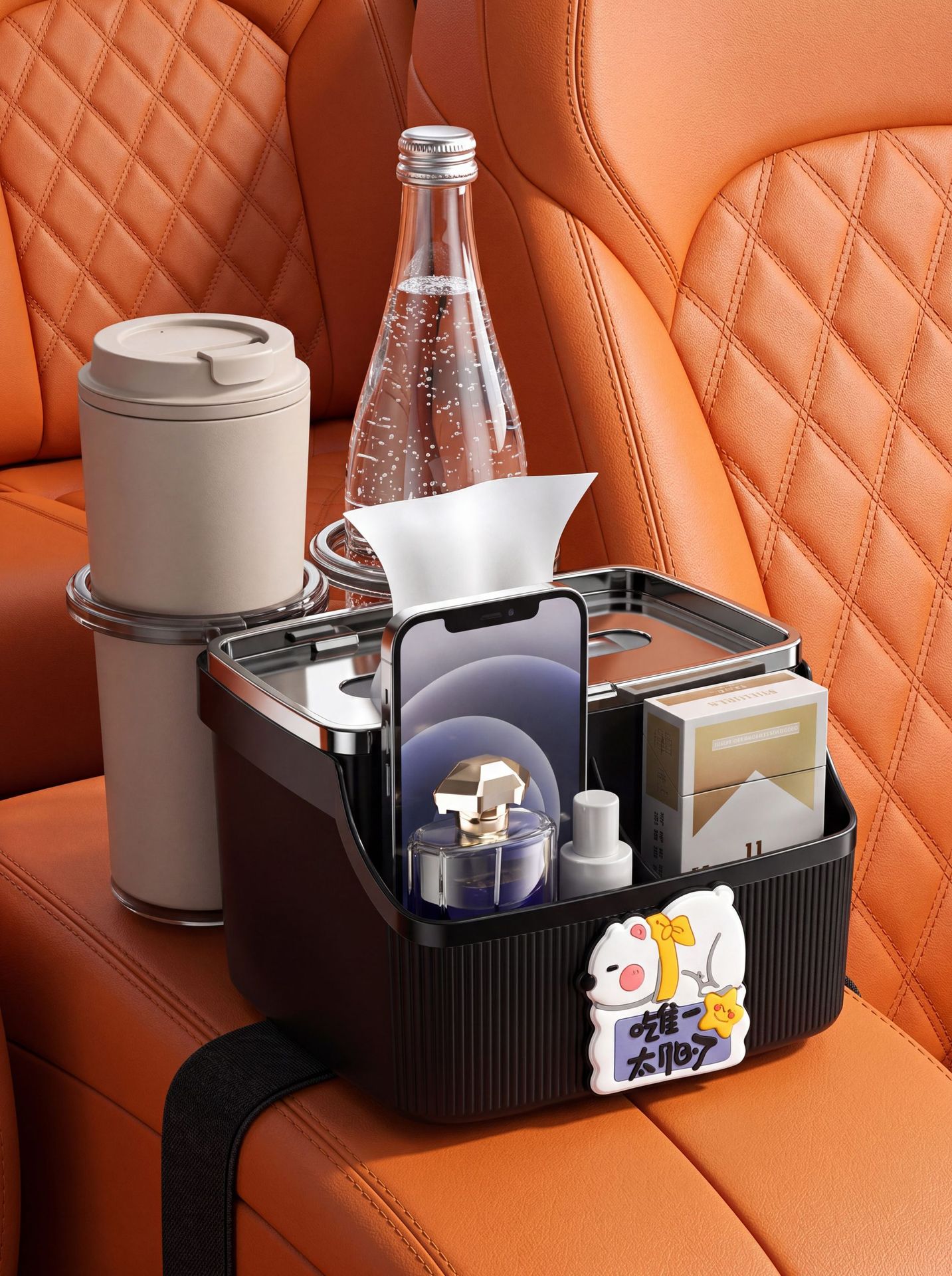 Car Armrest Storage Box, Creative Multifunctional Tissue Box for the Car Interior, Rear Seat Foldable Cup Holder, Cartoon Cute Design