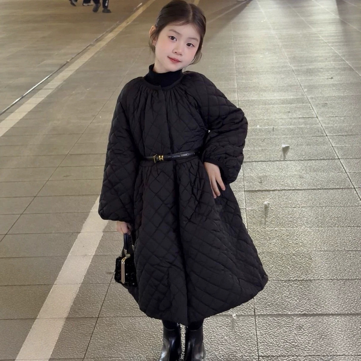 女童新款棉服2026冬季中长款菱格加厚连衣裙加绒外套韩版加厚棉袄