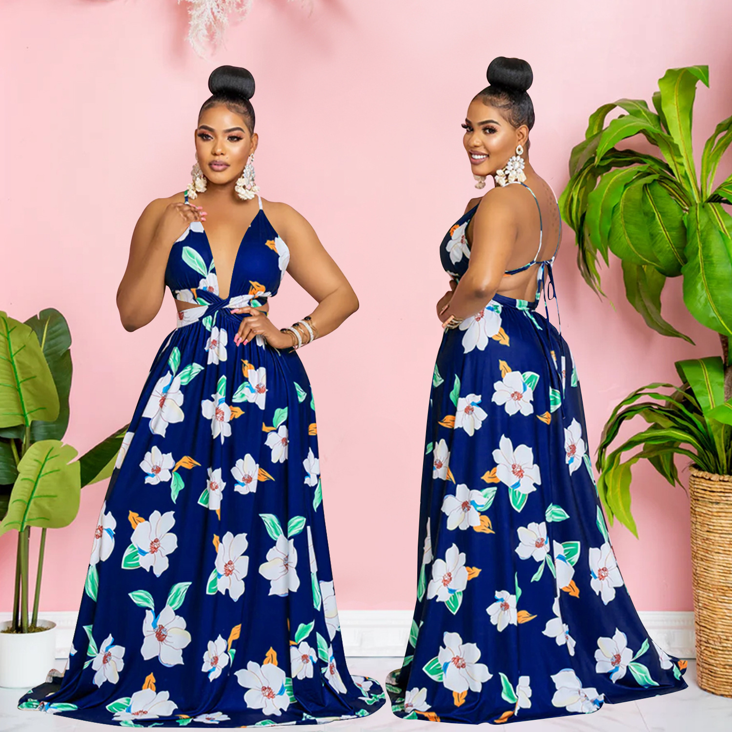 C6302 Aliexpress transfronterizo Amazon Europa y América de moda de mujer flor impresa sin mangas vestido largo