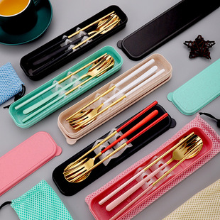 Customized 304 Stainless Steel Chopsticks and Spoon Set Single Student Cute Portable Tableware Storage Box Three-Piece Set
