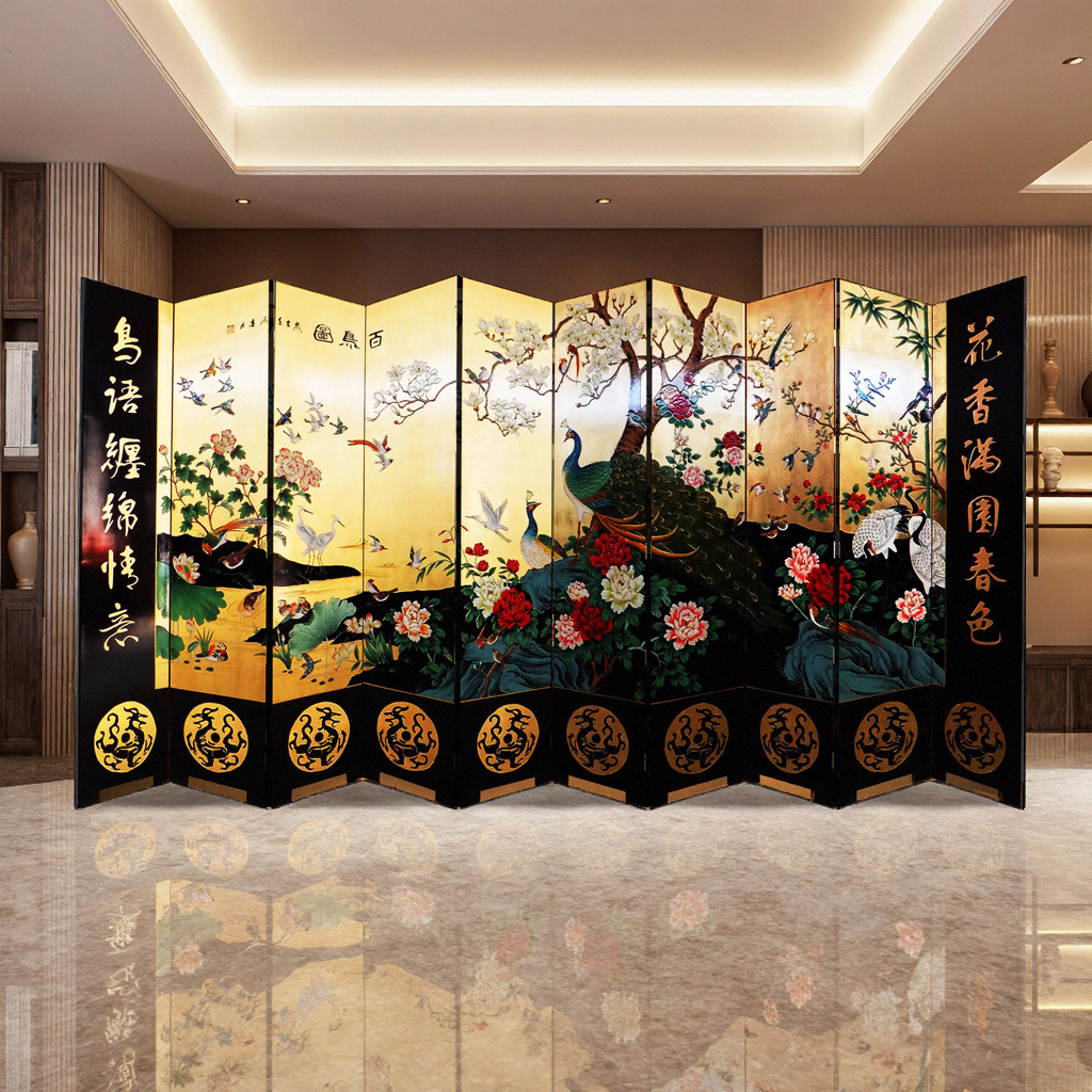 Chinese Classical Flower and Bird Folding Screen Living Room Lobby Screen Painted Home Partition Hotel Gold Foil Background Mobile Screen