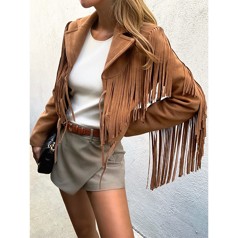 Genuine Leather Jacket 3167 Spring New Goatskin Suede Lapel Surface Tassel Motorcycle Style Short Jacket for Women