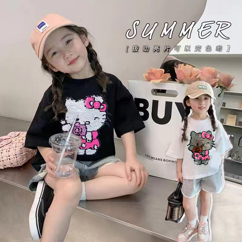 翻转亮片儿童纯棉珠片变色卡通夏短袖变脸T恤女童炸街潮 一件代发