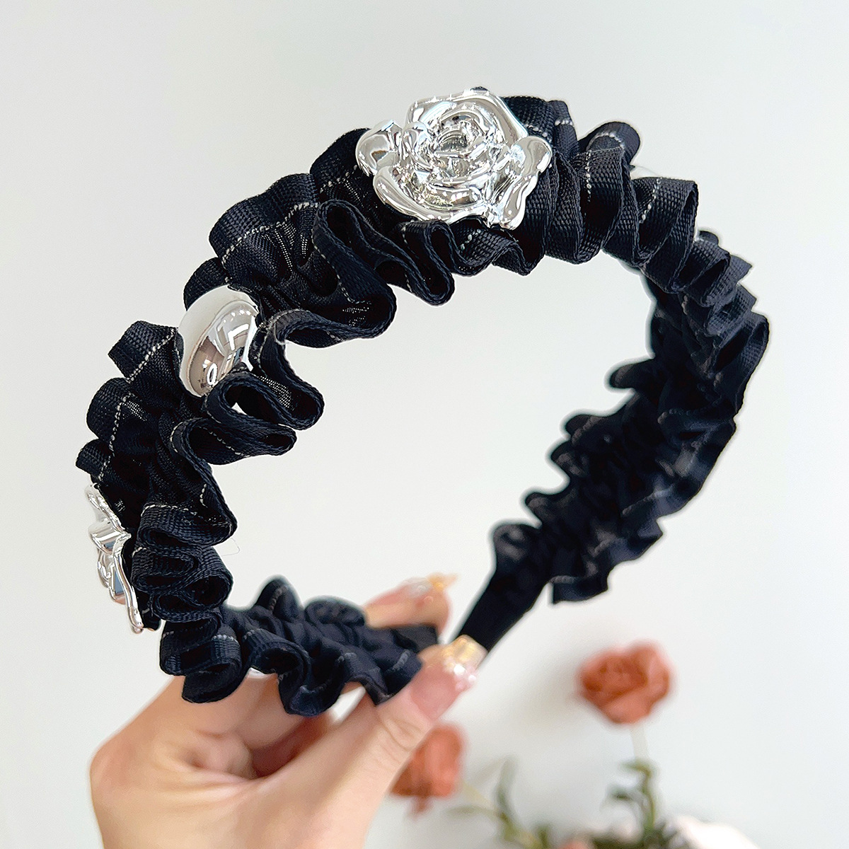 跨境外貿發箍夏季褶皺高級感頭箍玫瑰花韓版寬邊發窟高顱頂髮飾女