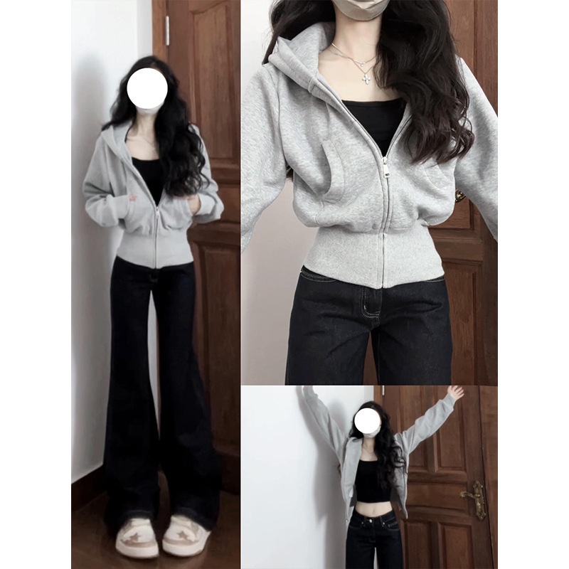 Gray Short Hooded Sweatshirt Jacket for Women 2026 New Early Autumn Korean Style Slim Fit Waist-Cinching Thin Cardigan Top