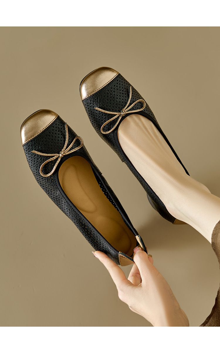Sandal nữ da cừu miệng nông đục lỗ gót thô thấp phong cách Xiaoxiangfeng — Màu nâu chi tiết 3