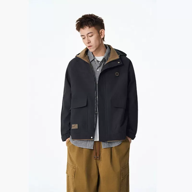 简恒跨境大码夹克男通勤休闲夹克肌理廓形教练茄克加绒冲锋衣外套