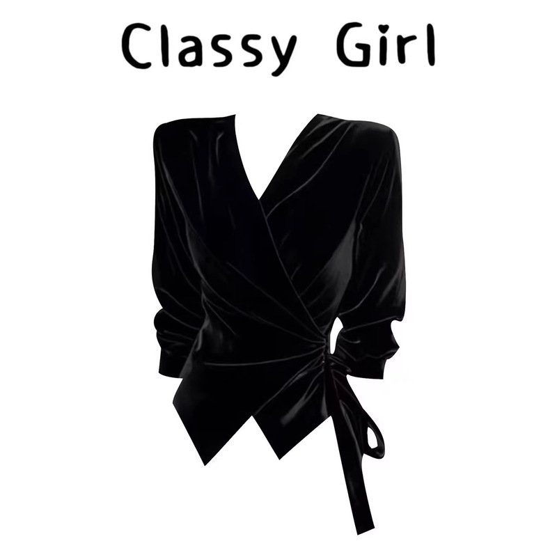 Black V-Neck Long-Sleeved Velvet Shirt 2026 Spring and Autumn New Style Slimming Look Retro Lace-Up Elegant Waist-Cinching Top Black V-Neck Long-Sleeved Velvet Shirt 2026 Spring and Autumn New Style Slimming Look Retro Lace-Up Elegant Waist-Cinching Top