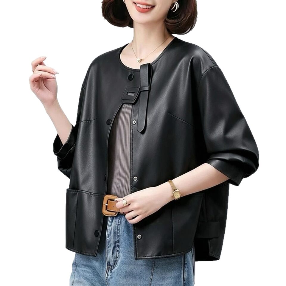 Áo khoác da nữ dáng ngắn ôm vừa, cổ lập, tay dài, phong cách thanh lịch — Cam Hermès, đen