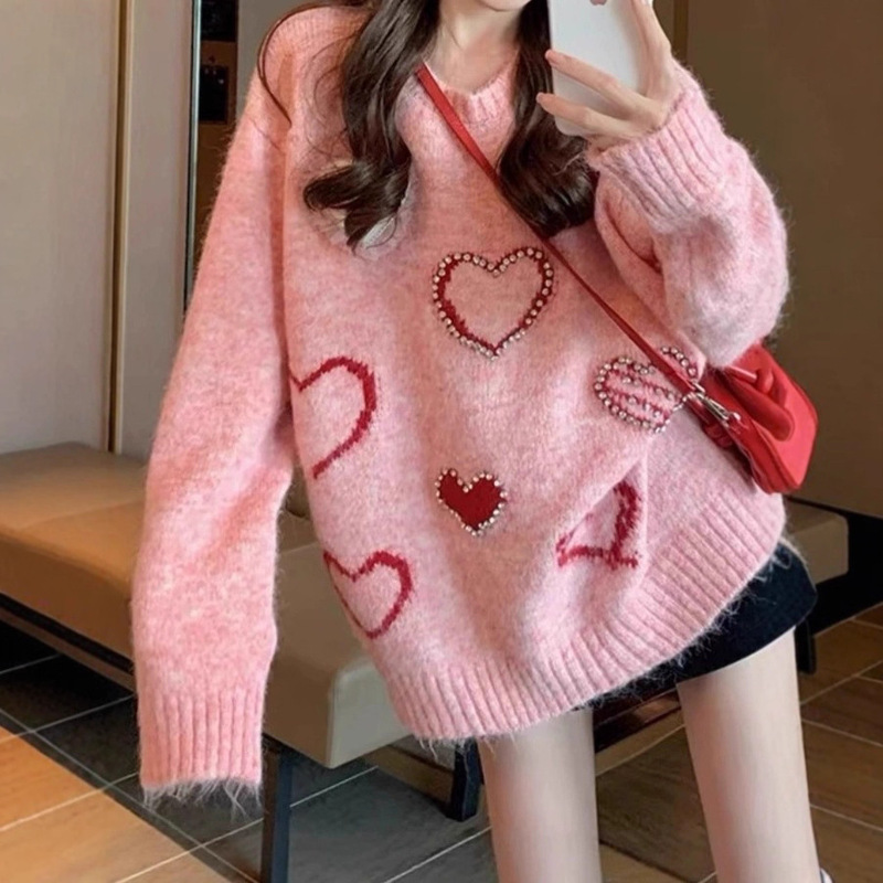 Pink Heart Pullover Knitwear for Women 2025 New Winter Thickeneded Loose Casual Design Lazy Style Knitwear
