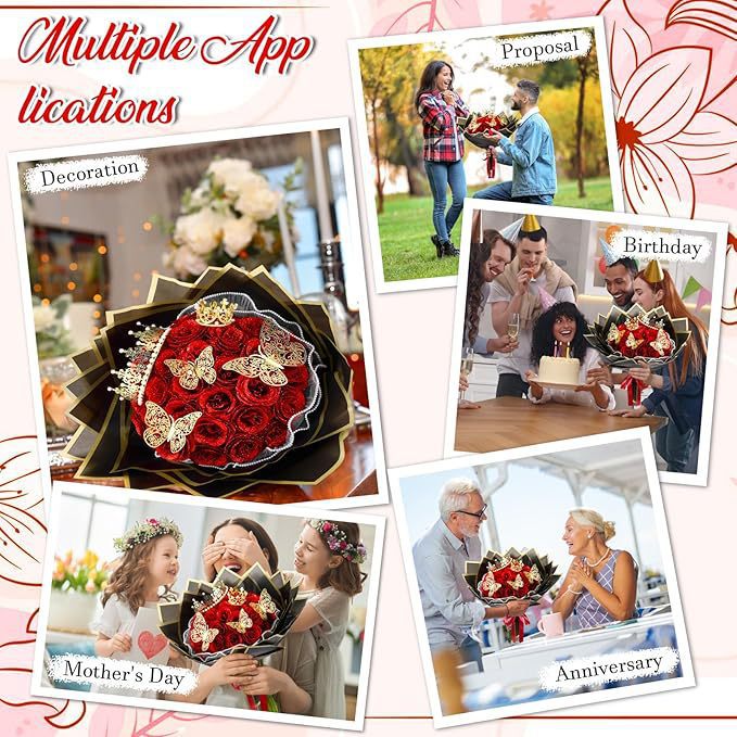 Festival Gifts Christmas Butterfly Crown 24 Glitter Rose Gold Powder Bouquet Artificial Rose DIY Wrapping Paper Valentine's Day Gift_voghion.com