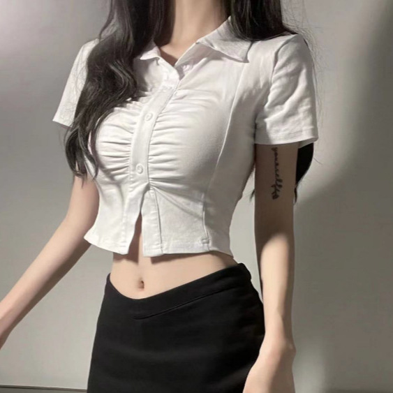 Cross-Border Sexy Pure Desire Polo Collar Short Crop Top Short-Sleeve T-Shirt for Women, Summer Slim-Fit Ruched Spicy Girl Top, Trendy Women's T-Shirt