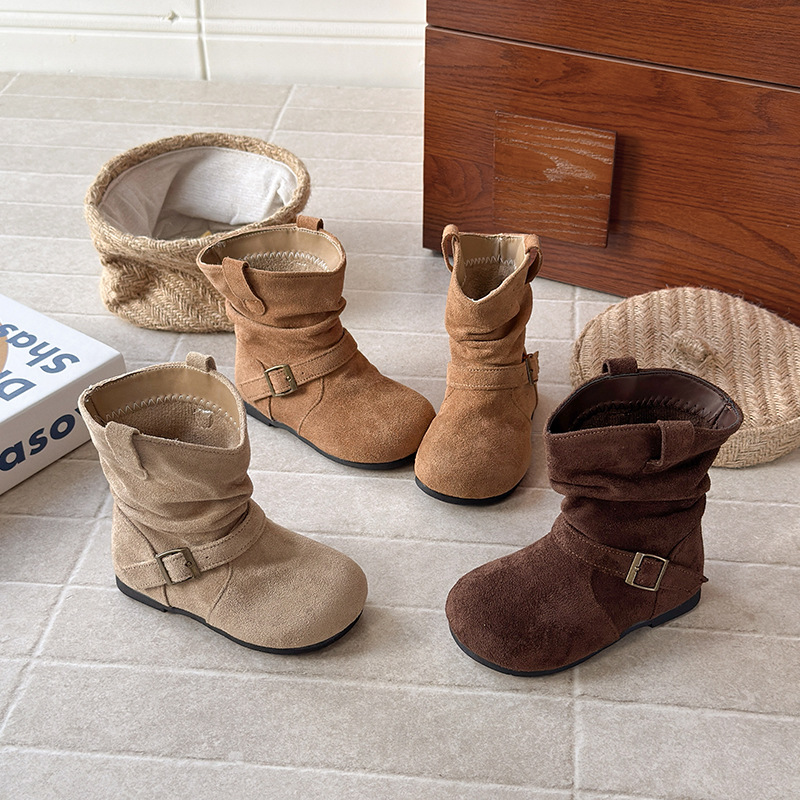 2025 Autumn and Winter New Kidsren's Korean Style Maillard Color Pleated Pile Boots Retro Versatile Girls' Cotton Boots