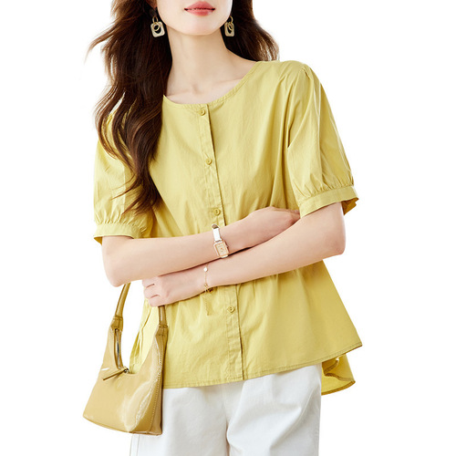 Manufacturer direct sale pure cotton round neck short-sleeved shirt for women in summer new loose and versatile slim-breasted shirt
