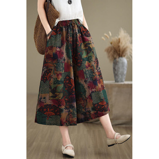 100kg Ethnic Style Floral Wide Leg Pants 2024 Summer New Plus Size Women's Loose Casual Cropped Straight-Leg Pants