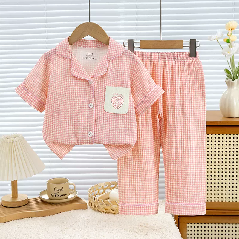 夏季儿童纯棉短袖长裤男童女童棉纱家居服套装双层纱全棉条纹开衫