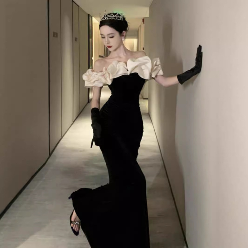 French Velvet Black Evening Dress One-Shoulder Annual Meeting Elegant Slimming Look Celebrity Host Fishtail Long Dress French Velvet Black Evening Dress One-Shoulder Annual Meeting Elegant Slimming Look Celebrity Host Fishtail Long Dress