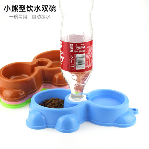Wholesale bear pet bowl, plastic dog bowl, feeding and drinking fountain, pet double bowl, cat bowl