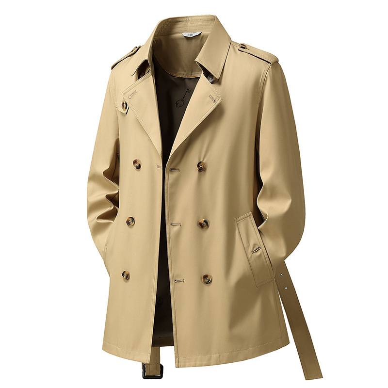 Double-Breasted Mid-Length Windbreaker Men's British Style Coat Autumn and Winter Lace-Up Jacket