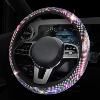 Rhinestone Elastic Car Steering Wheel Cover with Hot-Studded Design, Suitable for All Seasons, New Model, Cross-Border Amazon, No Inner Ring Steering Wheel Cover (Steering wheel cover) - colored-diamond-suitable-for-36-39cm-steering-wheel