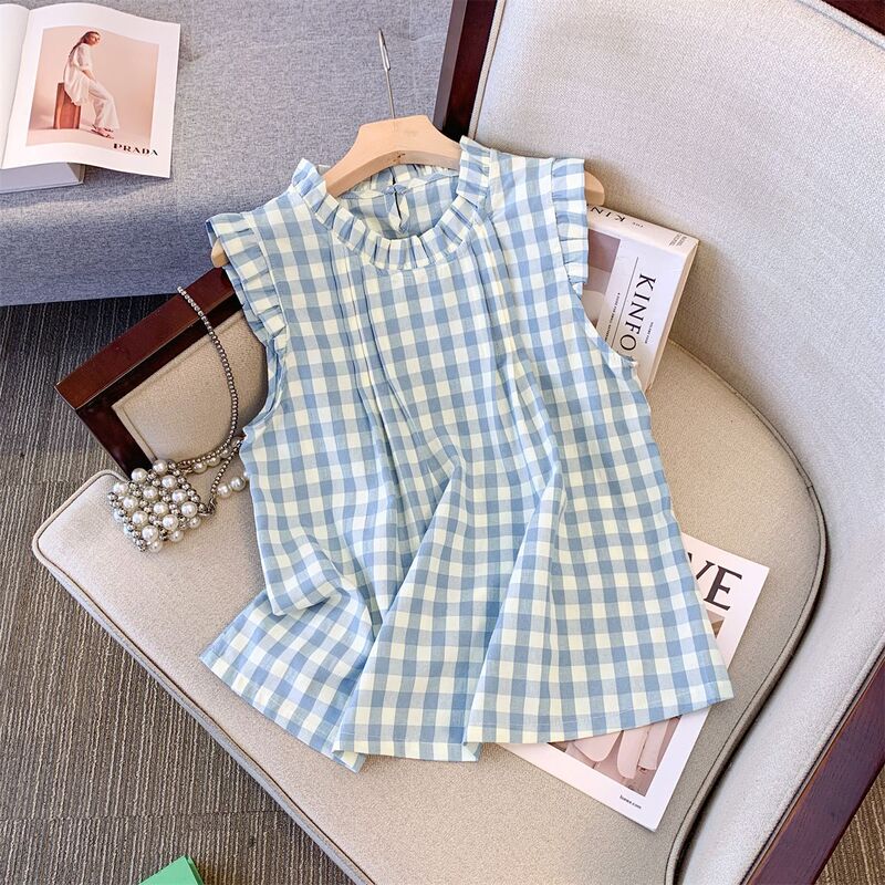 Korean Style Outfit with Ruffled Stand-Up Collar Plaid Shirt for Women, Summer Blue Sleeveless Tank Top, Sweet and Spicy Flutter Sleeve Top for Women
