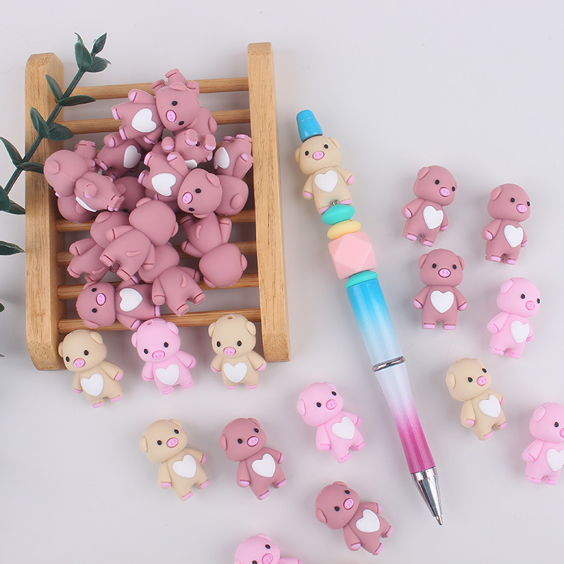 Spot venta caliente 3d cuentas de silicona tridimensional animales lindos con cuentas de mordedor de dibujos animados cerdo cuentas de silicona al por mayor