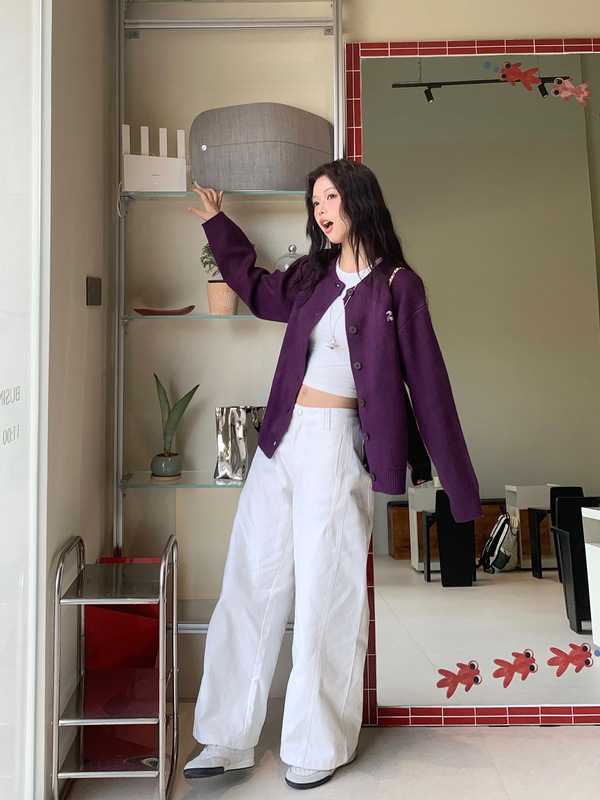 超显白紫色毛衣开衫外套女长袖2025秋季新款休闲宽松针织开衫上衣|undefined