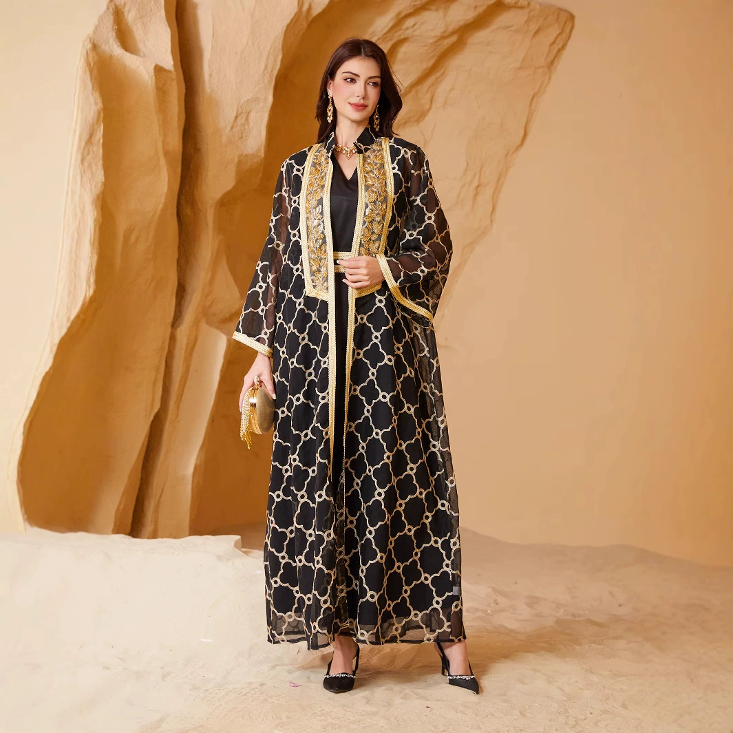 NC40 трансграничный экспорт популярный на Amazon тяжелый сетчатый вышитый комбинированный золотой тесьмой мусульманский комплект из двух предметов