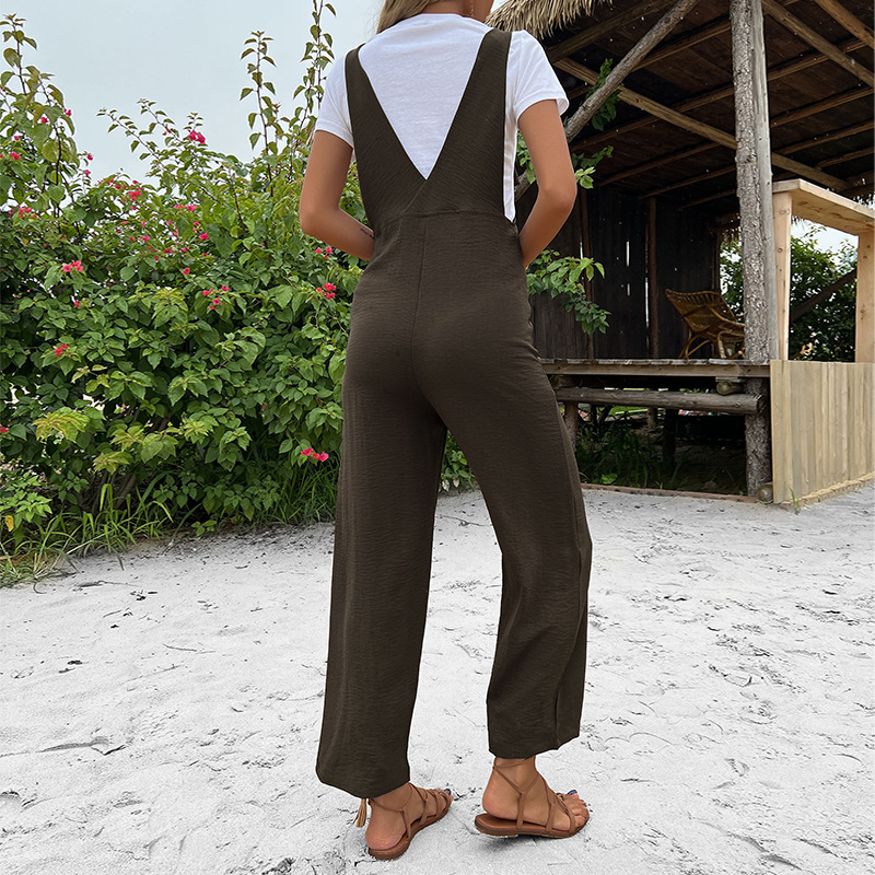 Solid Color Pocket Nine-point Straight Overalls_voghion.com