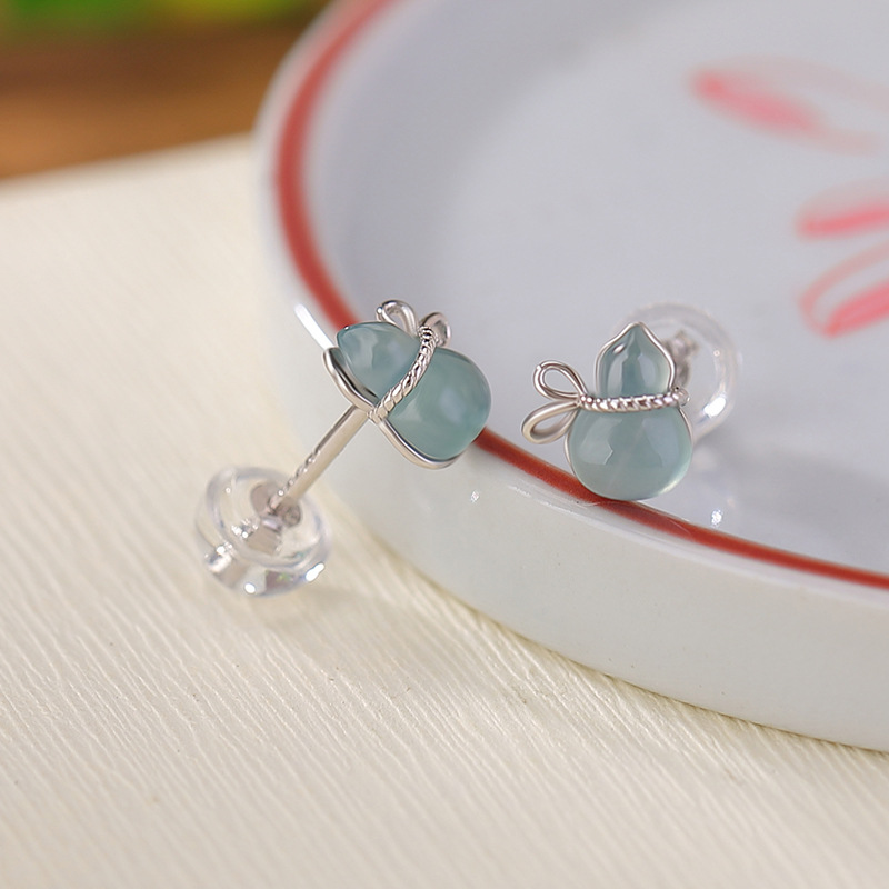 Khuyên tai nữ bạc S925 mạ vàng đính ngọc bích xanh nước biển phong cách retro — Mẫu ngọc bích nước xanh
