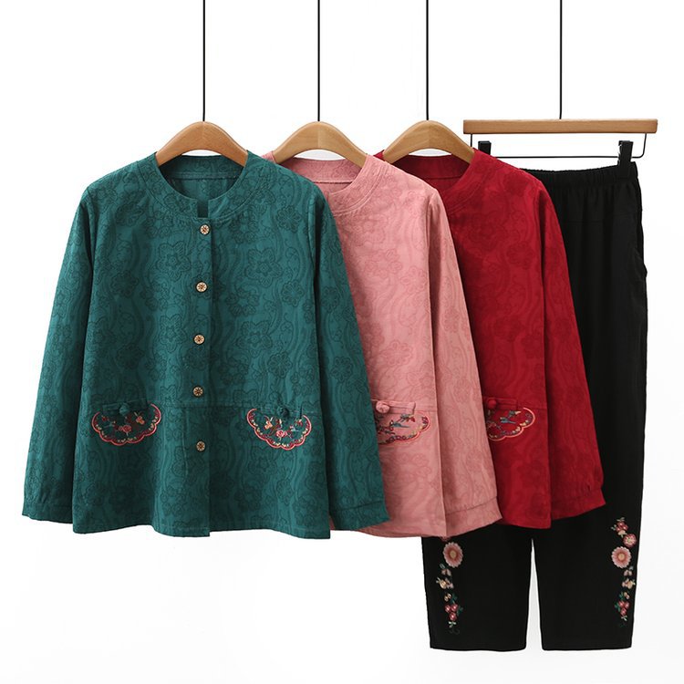 妈妈装春秋棉麻两件套棉麻长袖t女奶奶休闲套装中老年人秋季衣服