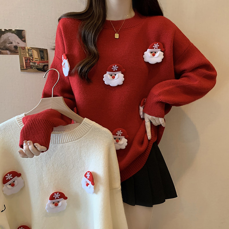 Sweet Christmas red lazy sweater women's autumn and winter plus size chubby girl Western style age-reducing loose belly-covering slimming top Sweet Christmas red lazy sweater women's autumn and winter plus size chubby girl Western style age-reducing loose belly-covering slimming top