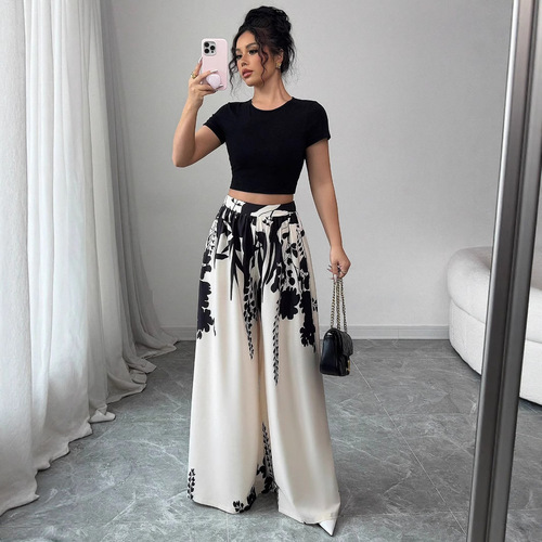 2025 European and American Summer Cross-border New Women's Ink Print Mid-rise Elegant Temperament Fashion Wide Leg Pants with Large Hems