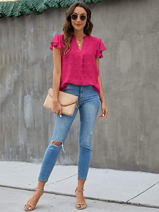 Cross-border European And American Women's Clothing 2026 Summer New V-neck Ruched Ruffle Sleeve Pom-pom Chiffon_voghion.com