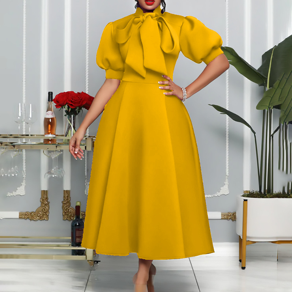Plus Size Womens Summer Dress Solid Color Bow Tie Flared Skirt Elegant Party Wear Wholesale Available