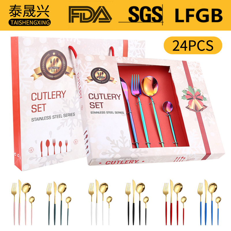 Amazon popular vajilla de acero inoxidable 24 unidades traje portugal cuatro piezas principales occidental cuchillo, tenedor y cuchara regalo caja