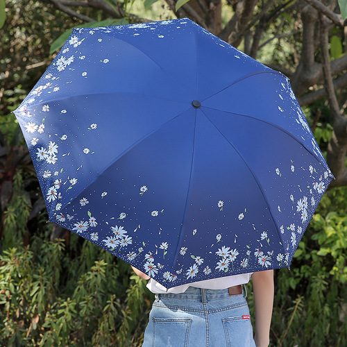 Women's Creative Sunshade Umbrella, Foldable Rain Umbrella, Dual-Purpose, Sun and Rain Use, Small Daisy Black Rubber Sun Umbrella with Printed Logo Advertising