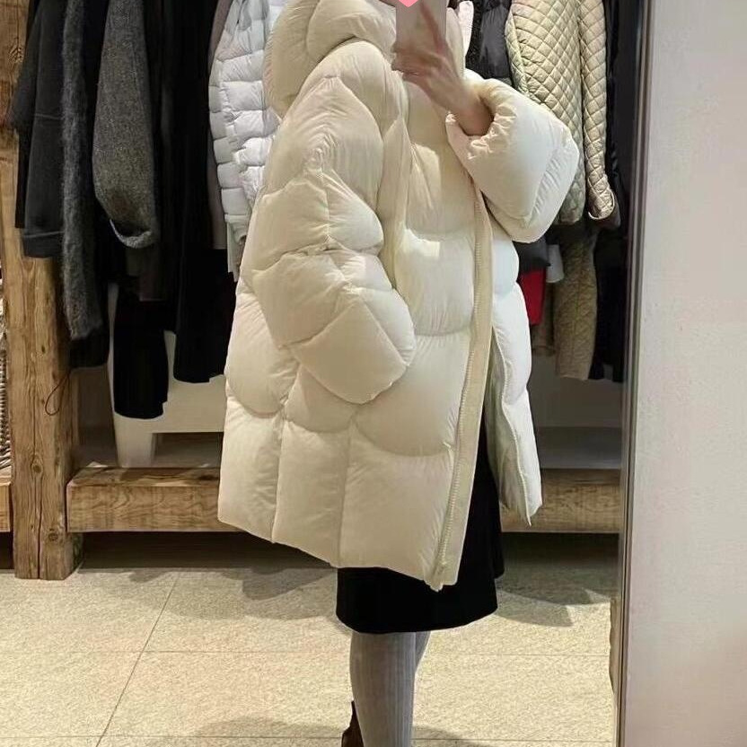 Hello Home Women's Mid-Length Cocoon Style Simple Hooded Loose Thickened down Jacket Winter 2024 New Model