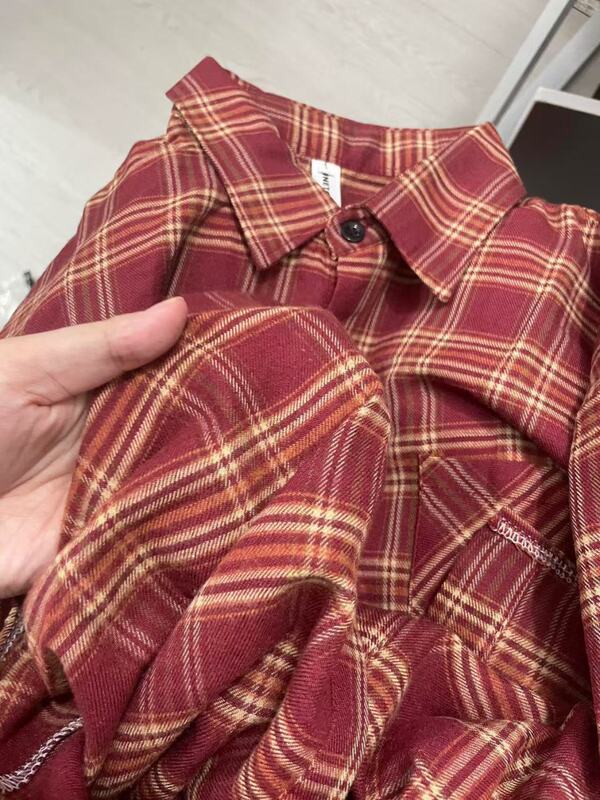 轻奢复古格子衬衫女上衣春秋款外套打底内搭叠穿小衫格纹衬衣外穿|undefined