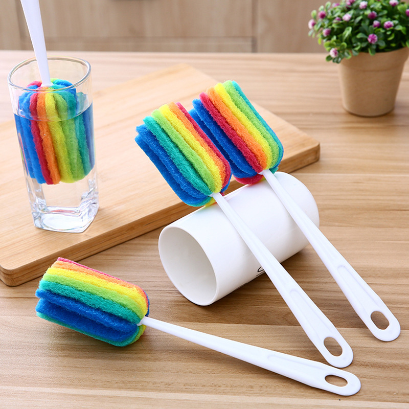 Long handle Cup brush colorful scouring pad Cup washing artifact household milk bottle brush rainbow brush cleaning brush vacuum cup brush