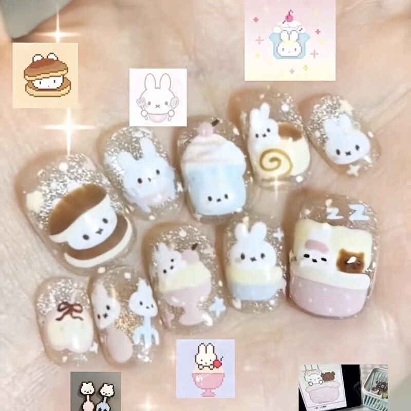 Cute pet hand-painted wearable nails with soft cat-eye effects, small animal designs, cat and bear motifs, beautiful fake nail patches for cross-border wholesale