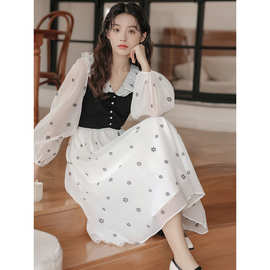 2026春季荷叶边领拼接假两件气质裙子小个子减龄长袖雪纺连衣裙女