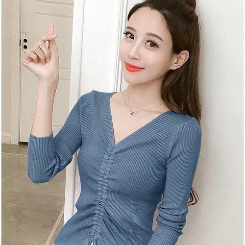 Autumn/Winter V-neck Korean Style Fitted Slimming Drawstring Long-sleeve T-shirt Women's Base Knit Top Hooded Sweater for Women