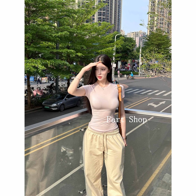 半袖春夏スリムフィット伸縮性右肩タイトピンクTシャツ半袖トップス女性用|undefined