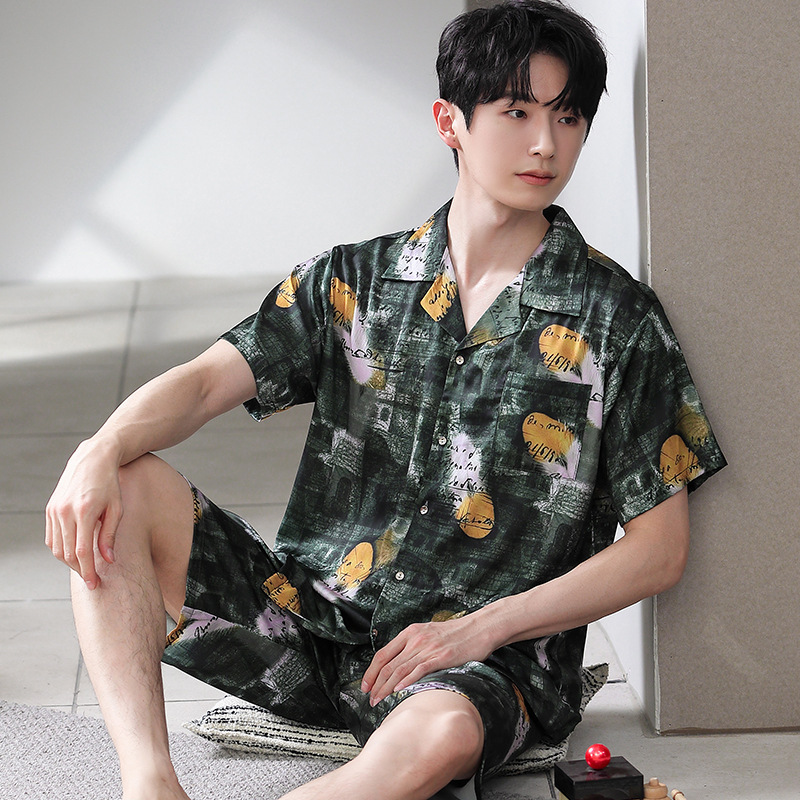 [Cool Silk] Ice Silk Pajamas Men's Summer plus size Short-sleeved Printed Boys' Loose Home Clothes suit